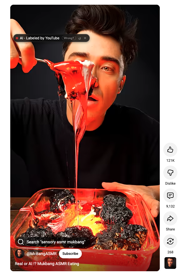 Extension surfacing YouTube's AI label on a mukbang video